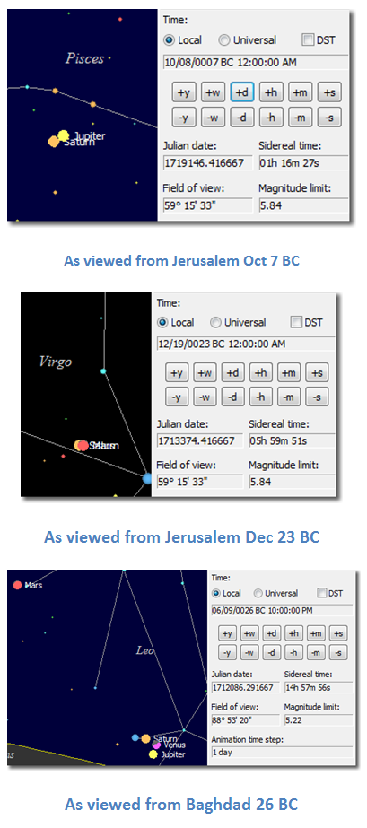Text Box: As viewed from Jerusalem Oct 7 BC As viewed from Jerusalem Dec 23 BC As viewed from Baghdad 26 BC
